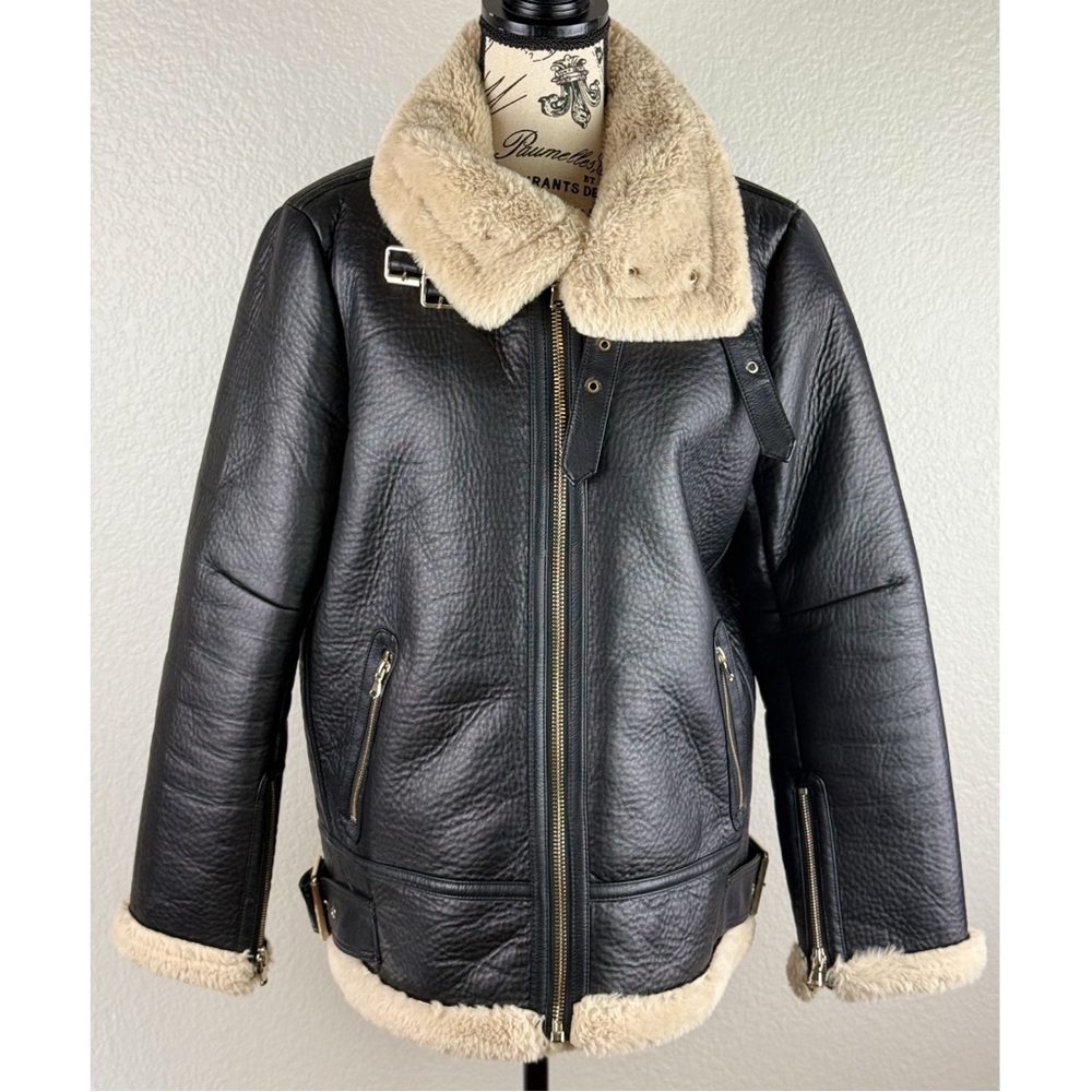 Zara Black Faux Leather Shearling Lined Aviator Jacket - Picture 2 of 12